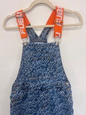 Forever 21 x FUBU Denim Overalls Small Blue Logo Print Orange Straps Vintage Ins